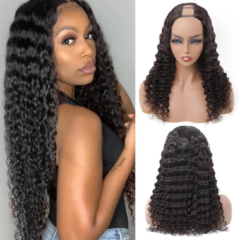 U Part Wigs Deep Wave Brazilian Virgin Human Hair 2x4 U Shape Glueless Wigs 180% Density With Straps Combs For Women U Part Wigs Deep Wave Brazilian Virgin Human Hair 2x4 U Shape Glueless Wigs 180% Density With Straps Combs For Women