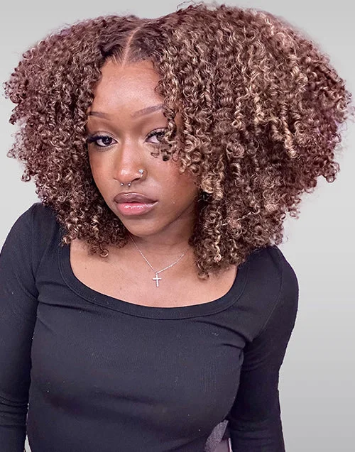 Glueless Highlight Finger Coily Curly Human Hair Lace Wigs 7X5 Pre Cut HD Lace 200% Density