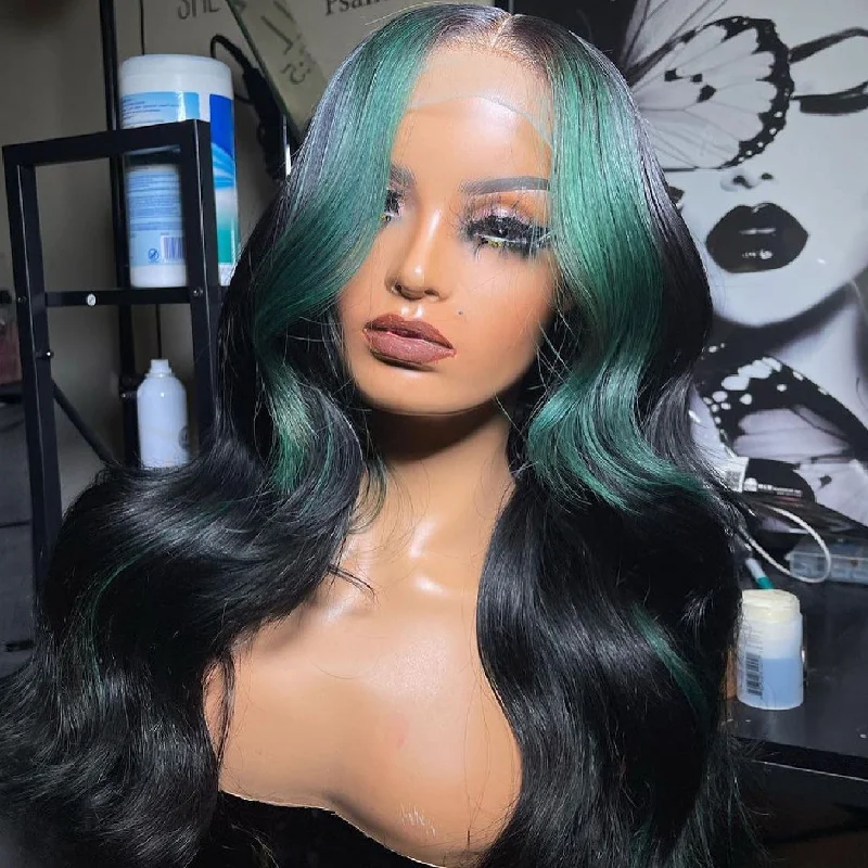 100% Human Hair Dark Green & Black Highlights Body Wavy Lace Front Wig