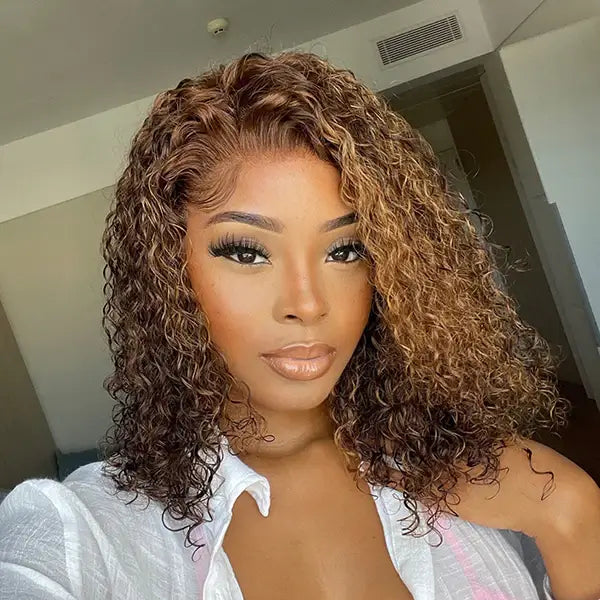P4/30 Highlight Color Kinky Curly Short Bob 13X4 Lace Frontal Human Hair Wigs