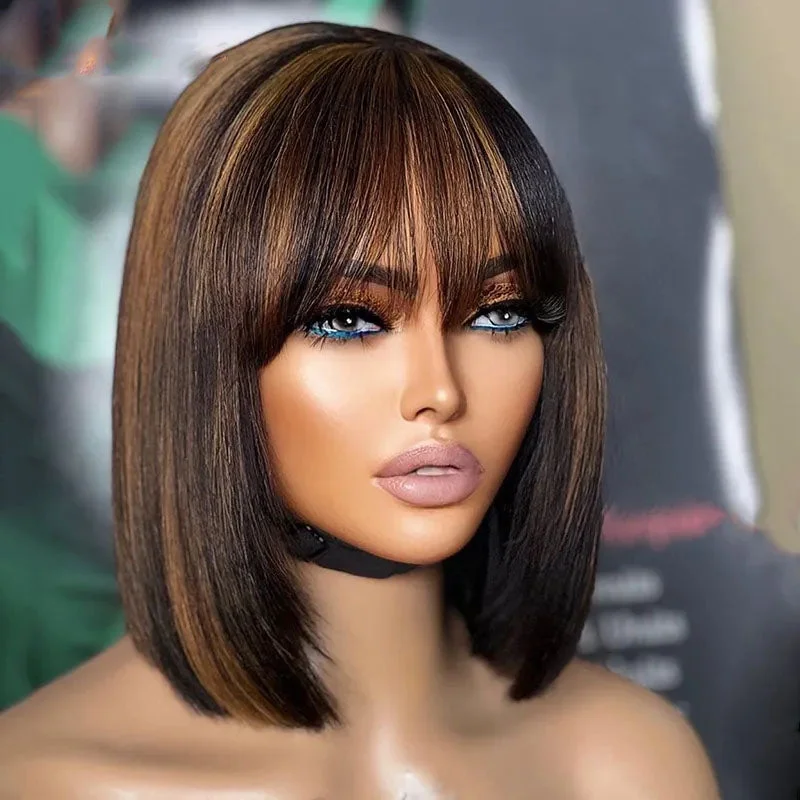 Lumiere Highlight Brown Colored Short Bob Human Hair Wig For Black Women 13x4 Lace Frontal Wig 180% Density HDZ Lumiere Highlight Brown Colored Short Bob Human Hair Wig For Black Women 13x4 Lace Frontal Wig 180% Density HDZ