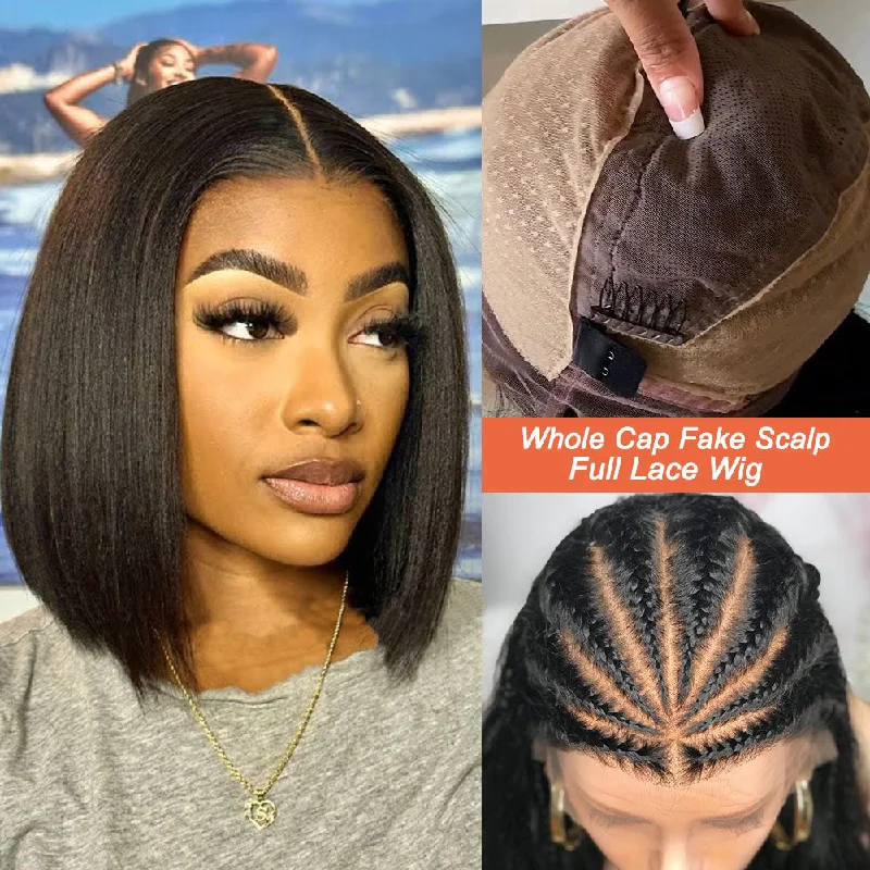 Bob Wigs with Clip - in Bangs (Removable) Full Lace Fake Scalp Free Parting Preplucked Human Hair Yaki Bob Wig Bob Wigs with Clip - in Bangs (Removable) Full Lace Fake Scalp Free Parting Preplucked Human Hair Yaki Bob Wig