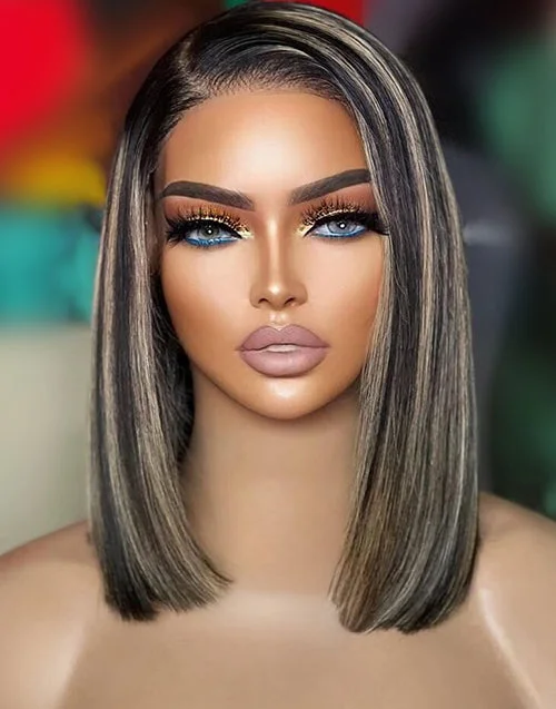 7x5 Pre Everything Honey Balayage Mixed Black Short Straight Bob Glueless Wig Human Hair