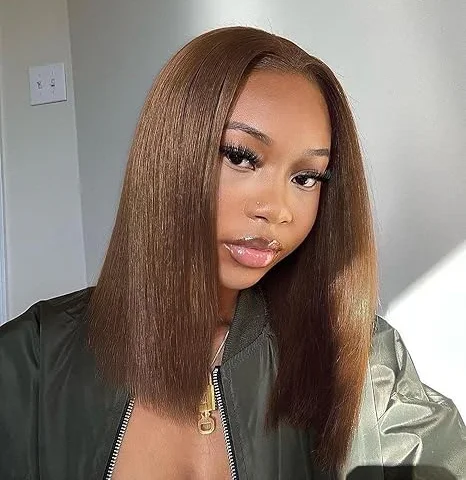 Lumiere Blunt Cut New Short Bob Wigs #4 Brown Colored Straight Bob 2x6 Lace Closure Wigs