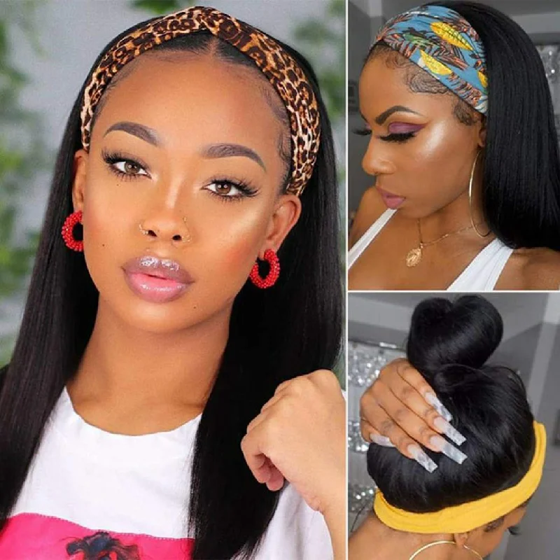 Straight Hair Headband Wig Human Hair Wigs For Women Full Machine Made Wig With Headband Scarf 180% Density Straight Hair Headband Wig Human Hair Wigs For Women Full Machine Made Wig With Headband Scarf 180% Density