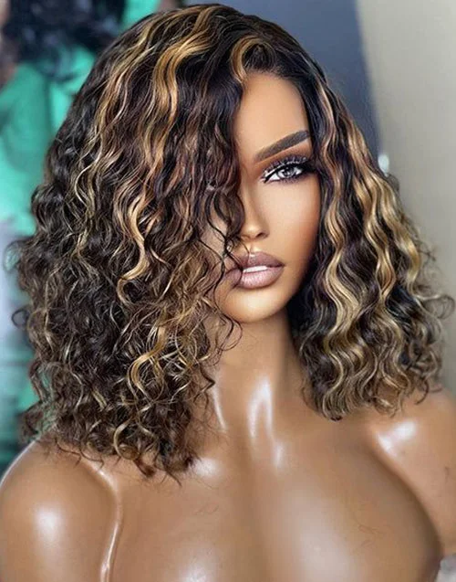 13x4 Short Deep Curly Highlight Honey Blonde Lace Front Bob Wig Glueless Human Hair Wig