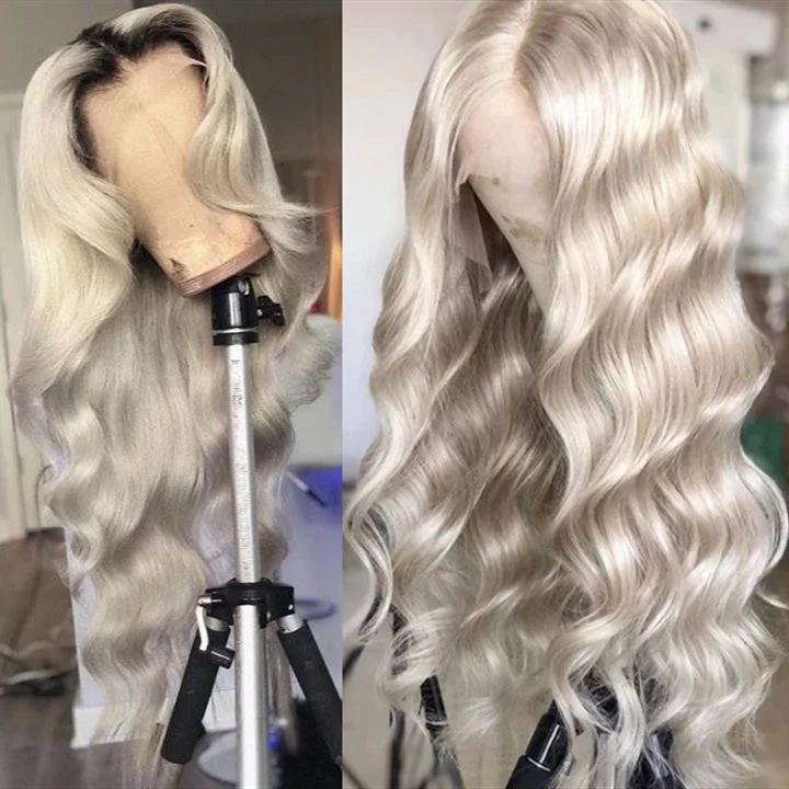 Peruvian Hair Silver with Black Root Color Body Wavy Lace Front Wig