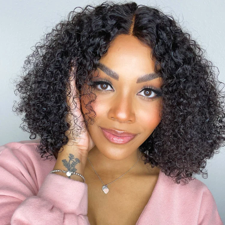 Curly wig with a wavy fringe for a soft and feminine look Kinky Curly Glueless HD T Lace Middle Part Short Wig