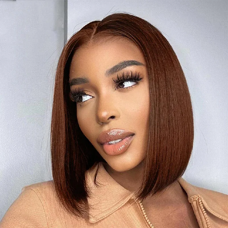 Lumiere New Blunt Cut Short Bob Wigs #4 Brown Colored Straight Human Hair 13x4 Lace Front Wigs Lumiere New Blunt Cut Short Bob Wigs #4 Brown Colored Straight Human Hair 13x4 Lace Front Wigs