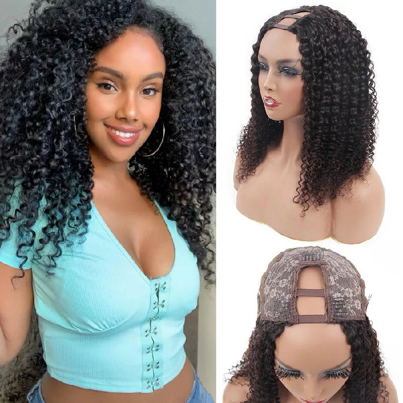 Kinky Curly U Part Human Hair Wig for Women, Brazilian Remy Human Hair Glueless 2x4 U Shape Clip in Half Wig Kinky Curly U Part Human Hair Wig for Women, Brazilian Remy Human Hair Glueless 2x4 U Shape Clip in Half Wig