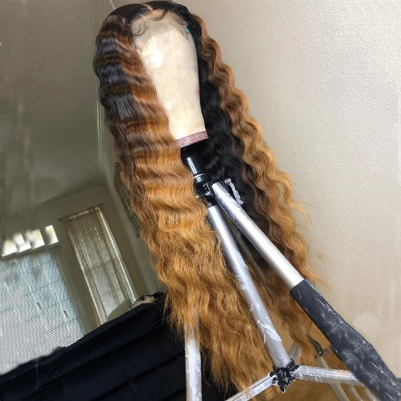 Peruvian Hair Black With Light Brown Ombre Deep Wavy Lace Front Wig