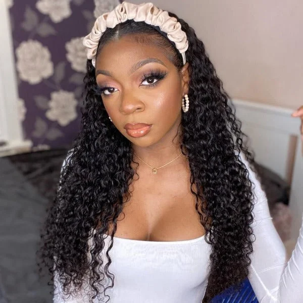 100% Human Hair Grip Headband Scarf Wig Water Wave Human Hair Wig 180% Density Curly No plucking wigs for Women No Glue No Sew In