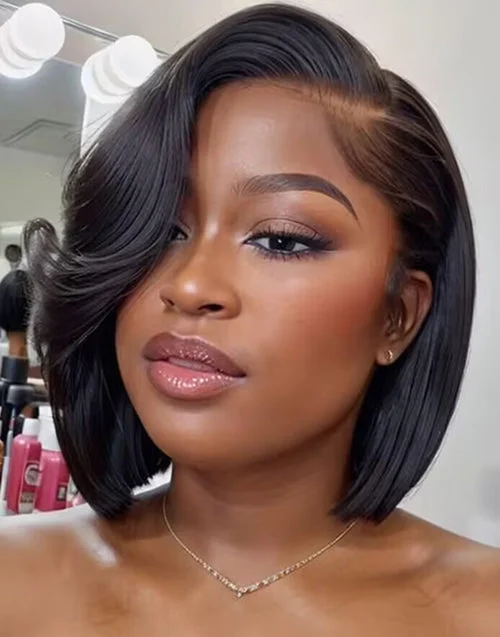 Layered Cut Straight Bob With Sideswept Bangs Glueless 13x5 Pre Cut Lace Front Wig Human Hair