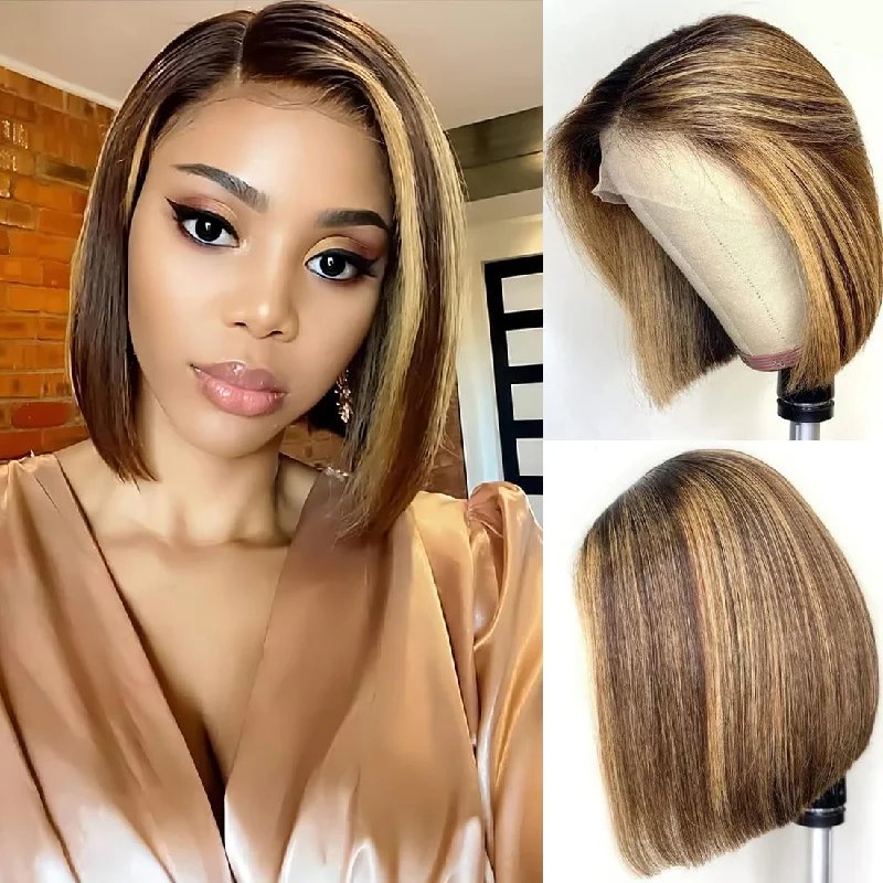 Lumiere A1 Customized 4x4 Lace P4/27 Straight Bob Wig Human Hair Highlight Honey Blonde Lace Closure Wig for Women 14Inch Lumiere A1 Customized 4x4 Lace P4/27 Straight Bob Wig Human Hair Highlight Honey Blonde Lace Closure Wig for Women 14Inch