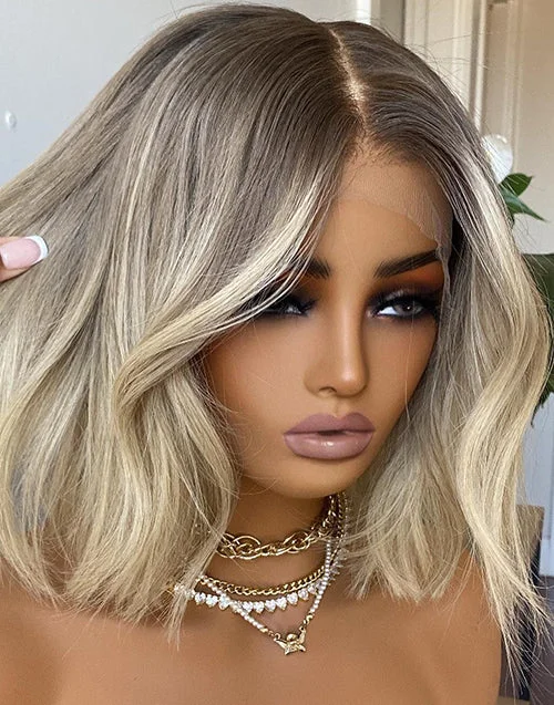 Ombre Ash Blonde Short 13x6 Lace Front Bob Wig With Ash Root Glueless Human Hair Wig