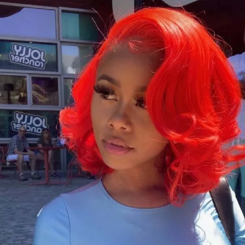 Bob Wigs for Office Settings​ Red Wavy Bob Human Hair Wig Lace Frontal for African American