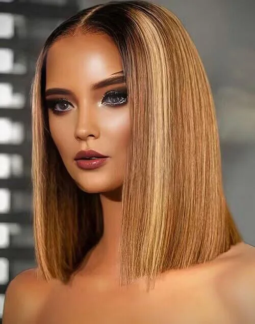 Highlights Honey Brown Short Straight 5x5 Pre Cut Lace Bob Glueless Wig With Black Roots Human Hair Highlights Honey Brown Short Straight 5x5 Pre Cut Lace Bob Glueless Wig With Black Roots Human Hair