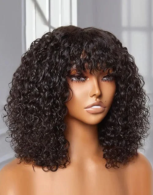 Short Curly Pre Cut 5x6 Lace Bob Wig With Bangs Glueless Human Hair Wig