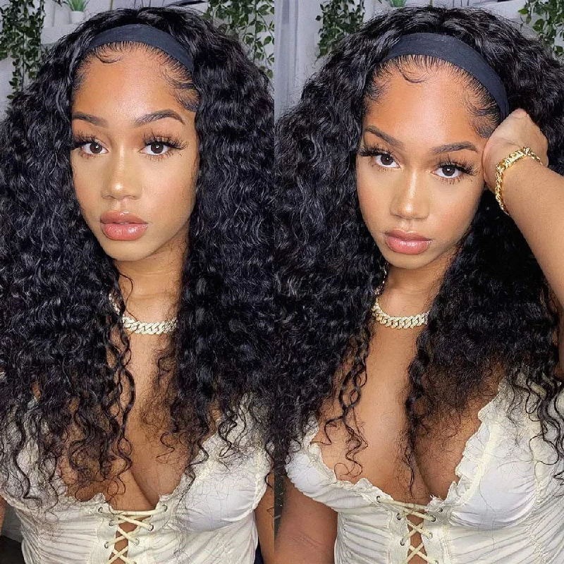 Curly Wave Headband Wig Human Hair Brazilian Deep Wave Machine Made Wigs With Head Band No Glue Scarf Wig Curly Wave Headband Wig Human Hair Brazilian Deep Wave Machine Made Wigs With Head Band No Glue Scarf Wig