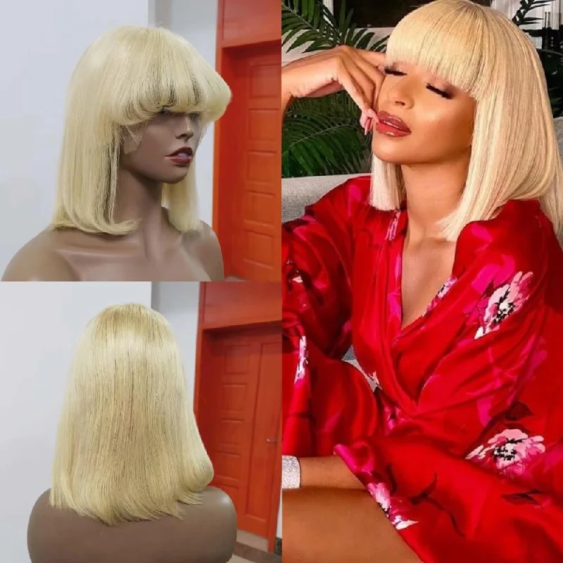 Bob Wigs for Winter Events Short Blonde Human Hair Bob Wig with Bangs Lace Frontal for African American Bob Wigs for Winter Events Short Blonde Human Hair Bob Wig with Bangs Lace Frontal for African American