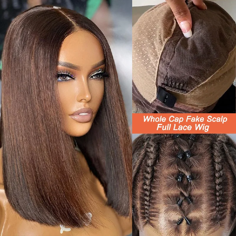 Bob Wigs for Beach Vacations Full Lace Fake Scalp Free Parting Preplucked Human Hair Brown Bob Wig Bob Wigs for Beach Vacations Full Lace Fake Scalp Free Parting Preplucked Human Hair Brown Bob Wig