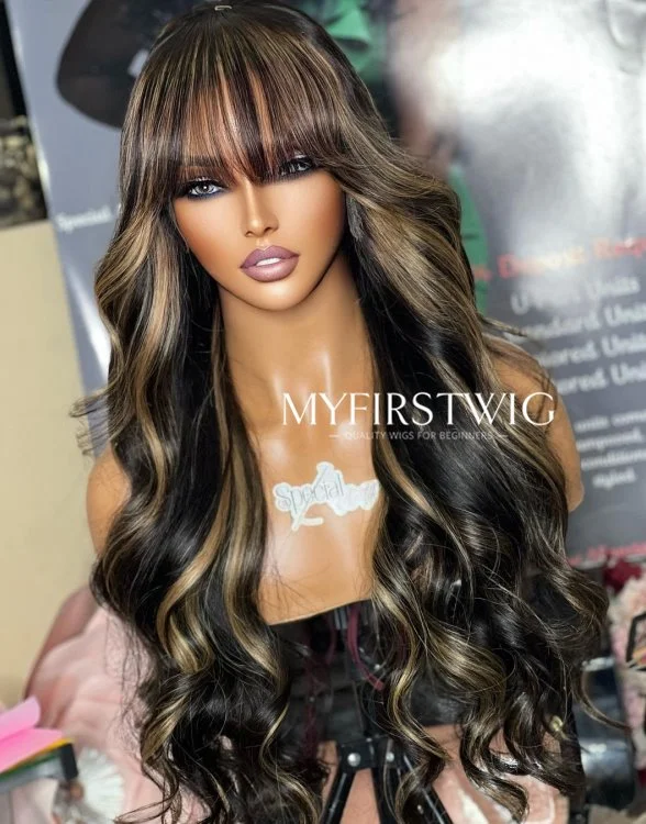 ASPECIALUNIT - Blonde Highlight Wavy With Bangs Malaysian Human Hair Lace Front Wig - SPE036
