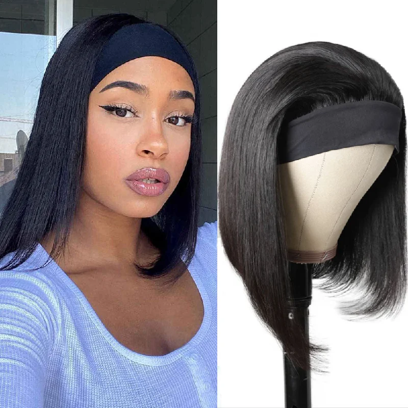 Bob Wigs for Horseback Riding​ Silky Straight Black Human Hair Bob Headband Wig for Women