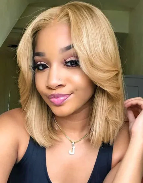 #27 Honey Blonde Short Straight 13x4 Pre Cut Lace Front Bob Wig Glueless Wig Human Hair