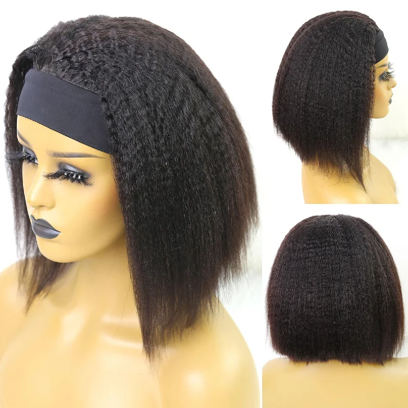 Bob Wigs for Family Gatherings​ Kinky Straight Black Human Hair Bob Headband Wig