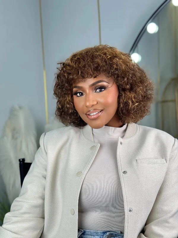 Curly wig with a side - part for a more flattering look Highlight Color Short Curly Bob With Bangs