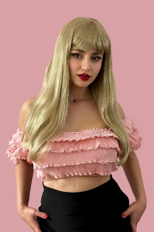 Long - length wig with a natural - looking root for a more realistic look Long blonde wig with straight hair and a short, straight fringe: Nicole